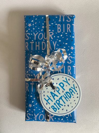 Blue Present Small Rectangular Present in Blue paper which has "It's your birthday" written on
